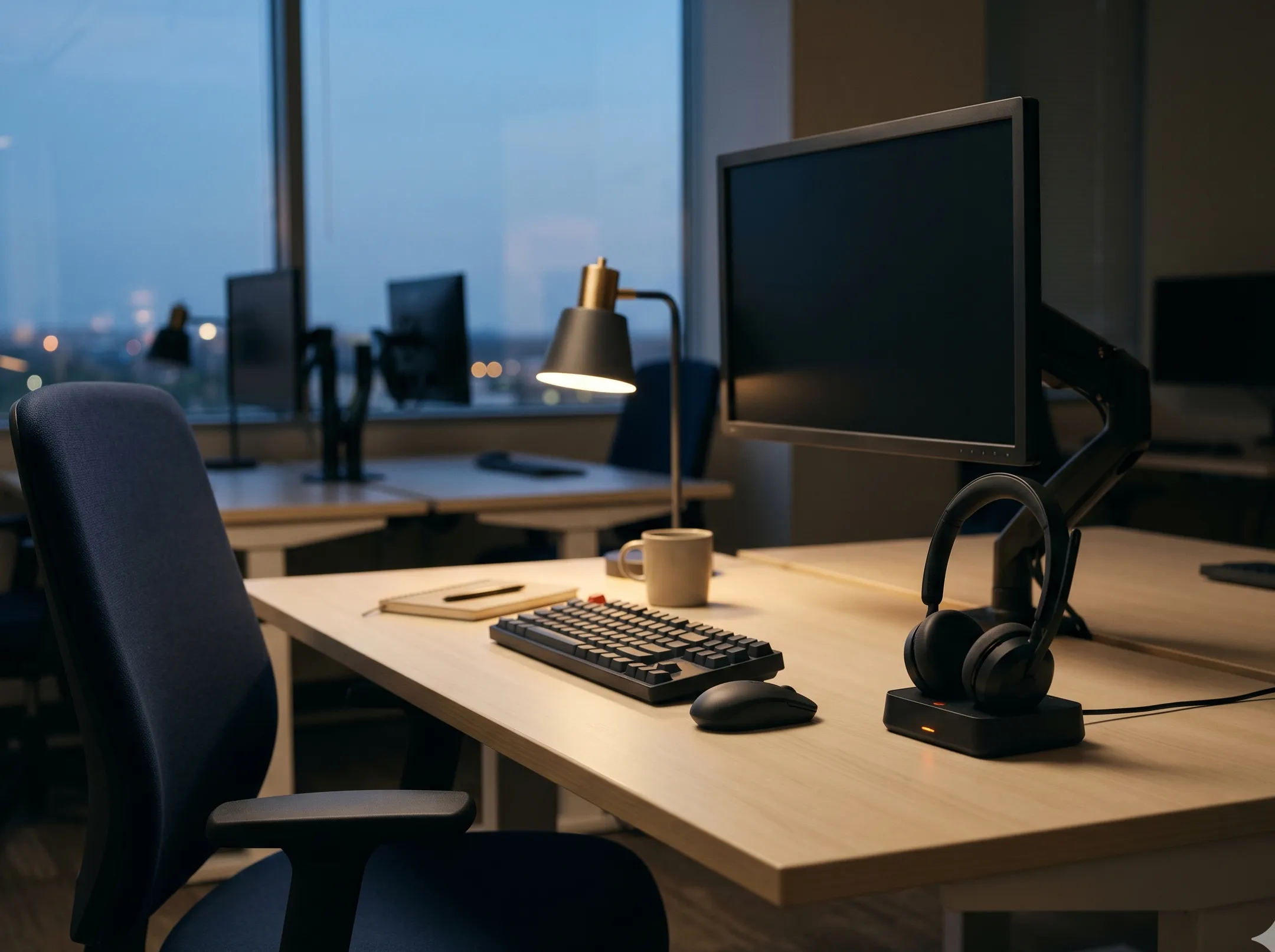 A calm, tidy customer-support workstation at dusk, empty chair, a headset resting on its dock, one small burnt-orange standby light glowing — the queue quietly handled so no one has to sit there.
