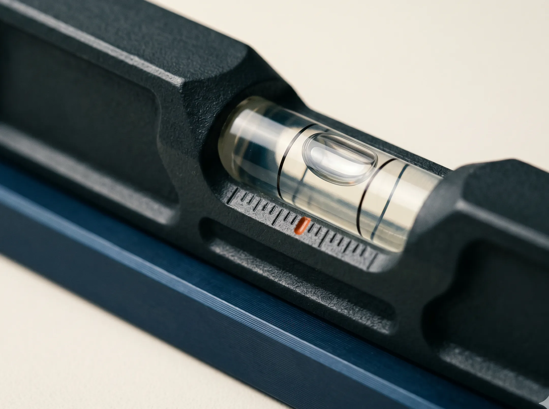 A precision spirit level on a machined metal edge, the bubble resting honestly off-center between its lines — an instrument willing to show an unflattering reading. A single burnt-orange index mark draws the eye to the truth being measured.